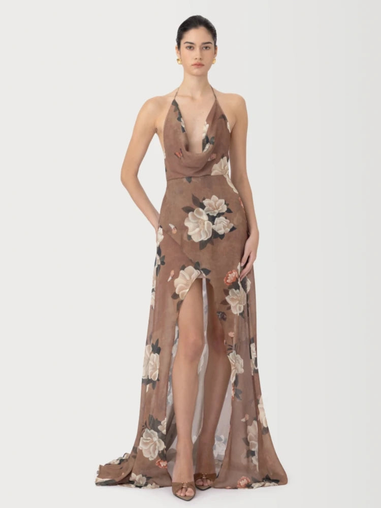 Floral print halter neck split maxi dress posing