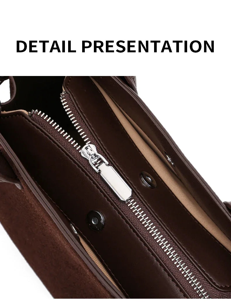 Close-up of a brown leather bag with a silver zipper, labeled 'Detail Presentation'.
