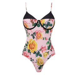Pink Floral Print One Piece Swimsuit