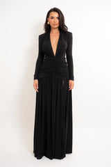 Long Sleeve Deep Neck Ruched Shimmering Slit Maxi Dress