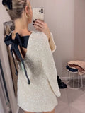 Sequin Long Sleeve Bowknot Short Evening Dress