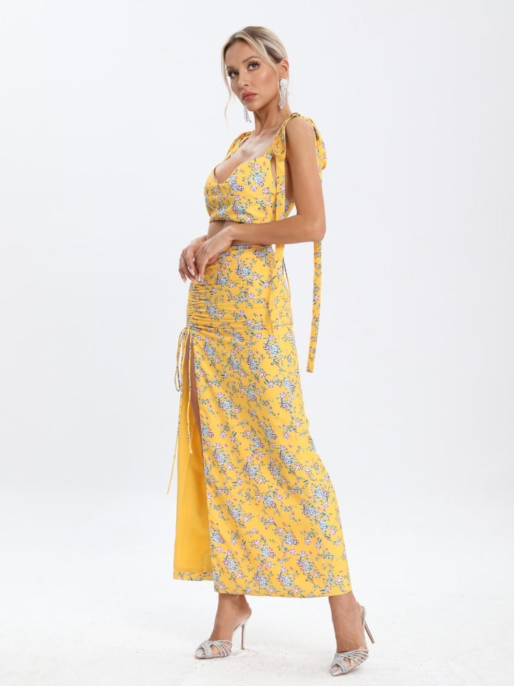 Printed Lace-up Backless Crop Top & Split Long Skirt Set