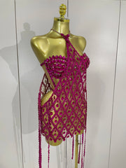 High Choker Neck Diamond Mesh Mini Dress