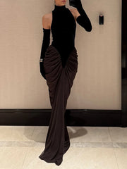Turtleneck sleeveless draped ruched maxi dress