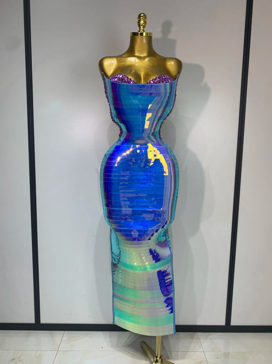Strapless crystal-embellished bodycon maxi dress in sky blue.
