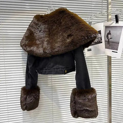 Back view of black denim jacket with faux fur trim