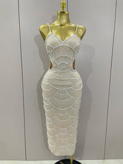 Pearl Beaded Sequins Spaghetti Strap Bodycon Long Dress