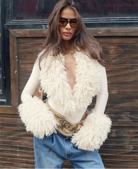 Faux Fur Trimmed V-Neck Long Sleeve Bodysuit