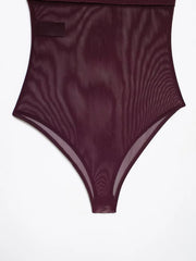 Maroon swimsuit with mesh sides on a white background