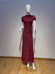 High Neck Cut-out Sequin Mid-Calf Dress