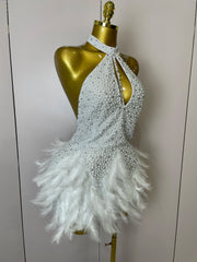 Beaded Feather Halter Sequin Mini Dress