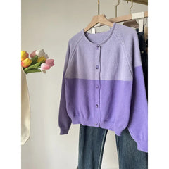 Two-Tone Knit Cardigan | Junior Purple Gray Korean Style