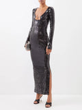 Sequins Split Flare Sleeve Ankle Length Dress