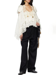 Lace V Neck Lace Up Ruffle Lace Up Blouse Top