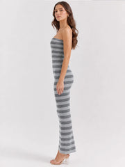 Grey Striped Strapless Maxi Dress