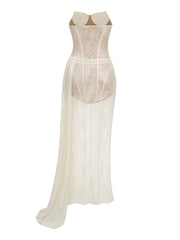 White Strapless Lace Corset Folds Draped Dress