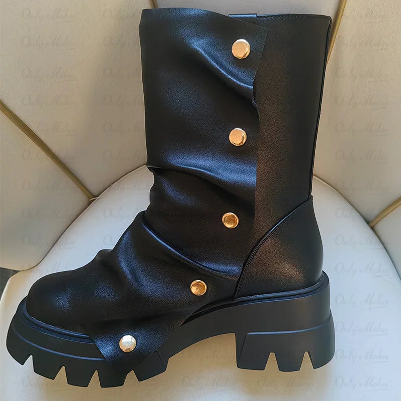 Black leather chunky platform foldover boots