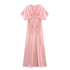 Satin V-Neck Flutter Sleeve Maxi Dress