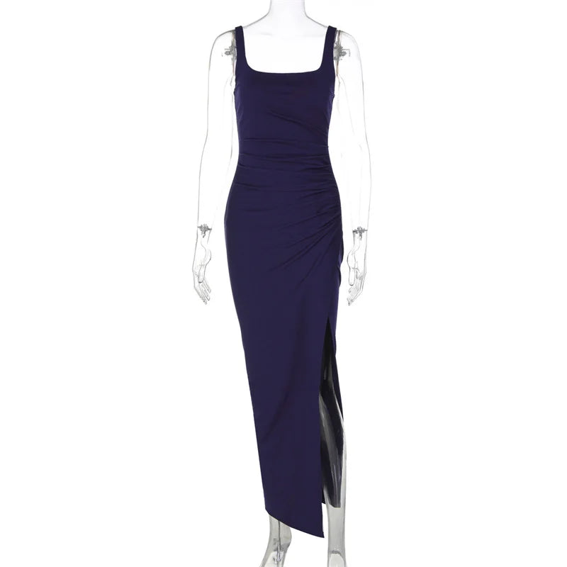 Navy blue evening gown on a white background