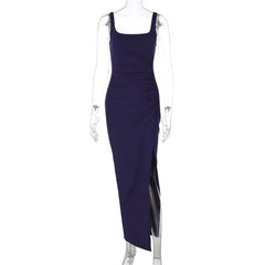 Navy blue evening gown on a white background