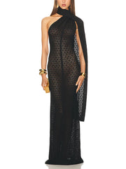 Sheer Knit Draped Scarf Neck Detail Maxi Dress