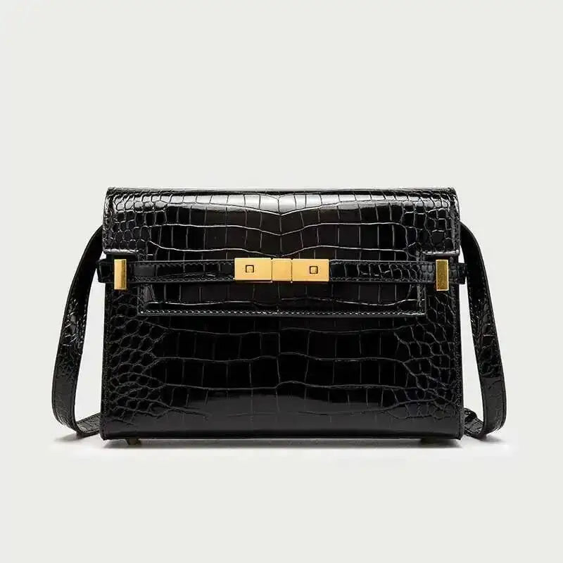 Structured black crocodile-embossed leather flap bag