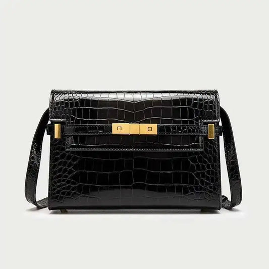 Structured black crocodile-embossed leather flap bag