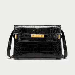 Structured black crocodile-embossed leather flap bag