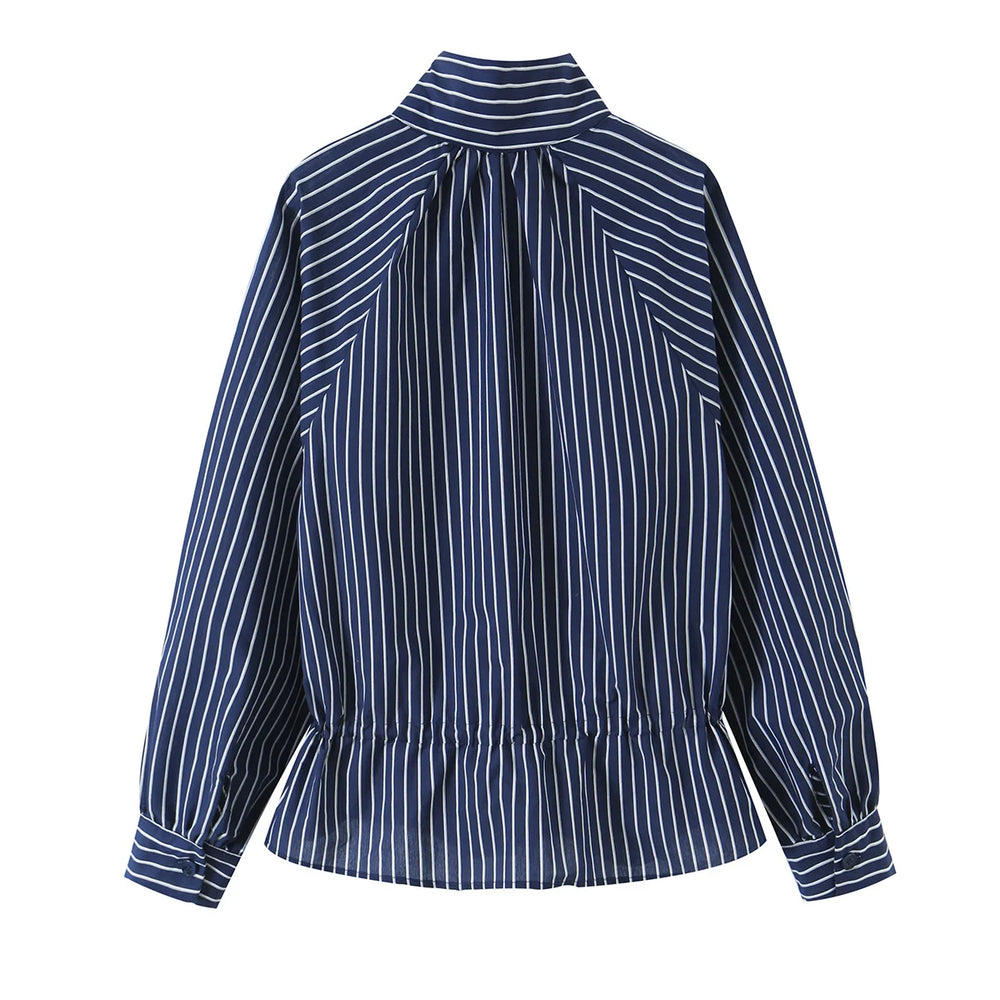 Striped stand collar button front blouse back view