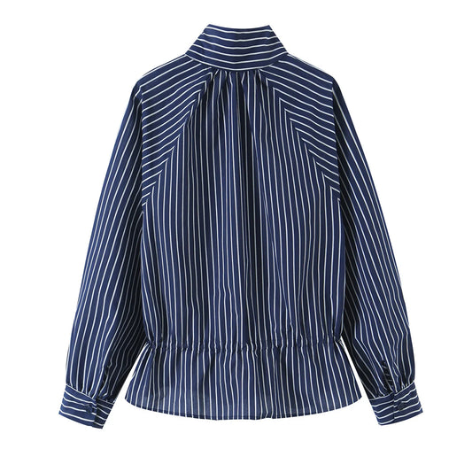 Striped stand collar button front blouse back view