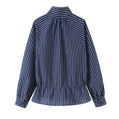Striped stand collar button front blouse back view