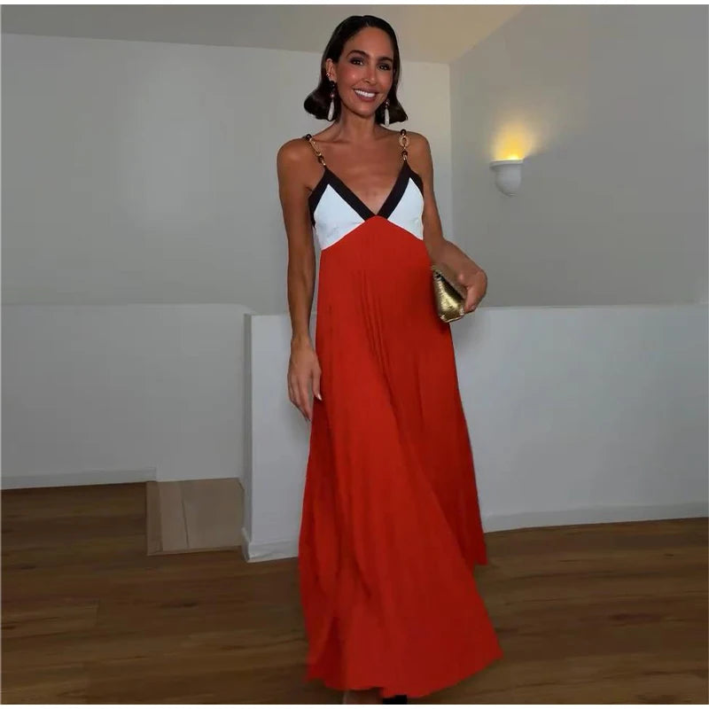 Colorblock chain strap maxi dress with pleated skirt