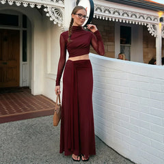 Mock Neck Mesh Crop Top Draped Maxi Skirt Set