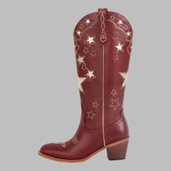 Red cowboy boot with star patterns on a white background