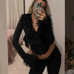 Faux fur trimmed cropped jacket with V-neck and zip front