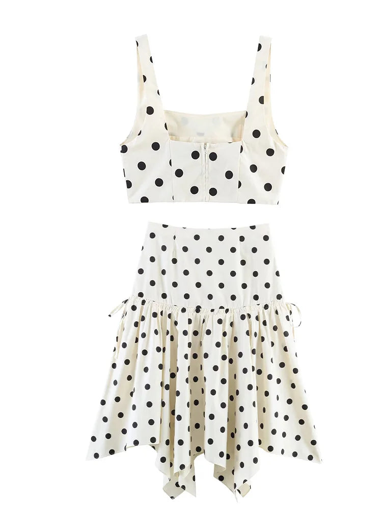 Polka dot dress with ruffled skirt on a white background