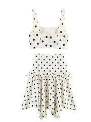 Polka dot dress with ruffled skirt on a white background