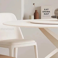 Round White Rock Slab Dining Table 360°Rotating Turntable