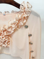Ruffled Cape V-Neck Crop Top and Embellished Flare Trousers Suit