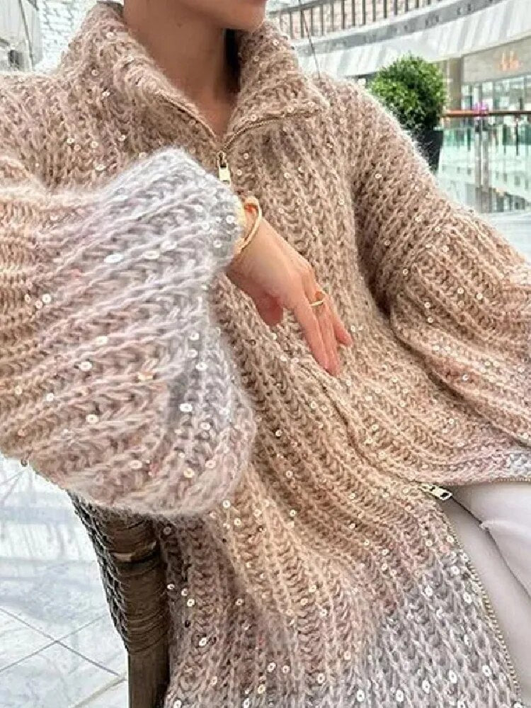 Sequin Sweater Long Sleeve Loose Zipper Knit Cardigan