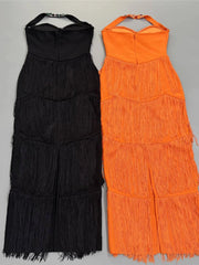 Beaded Halter Neck Fringe Maxi Dress