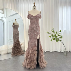 Feathers Spaghetti Straps Slit Evening Dress