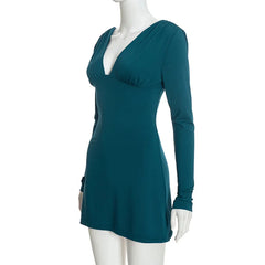 Solid Plunging Neckline Long Sleeve Mini Dress