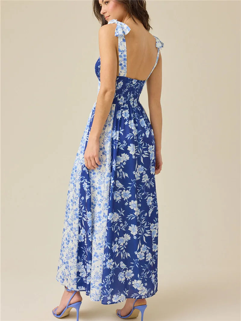 Blue floral print patchwork smocked maxi dress back view