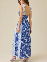 Blue floral print patchwork smocked maxi dress back view