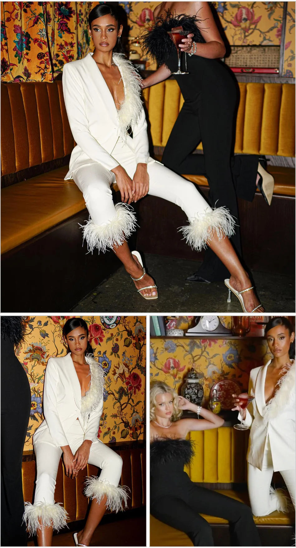 Woman in a white feathered outfit sitting on a yellow couch with a colorful wall in the background.