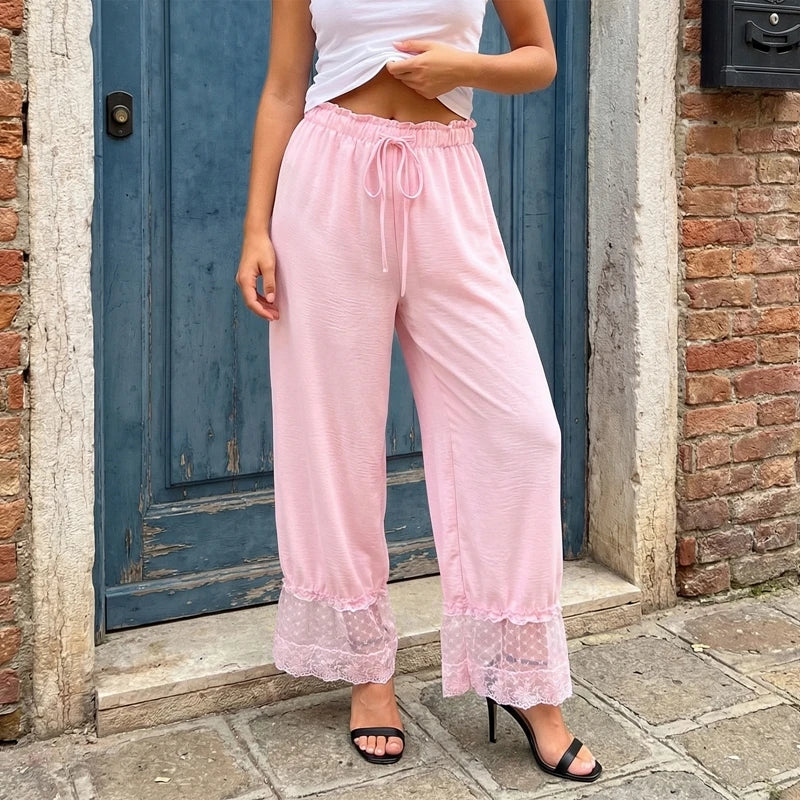 Pink lace trim bloomers ankle pants