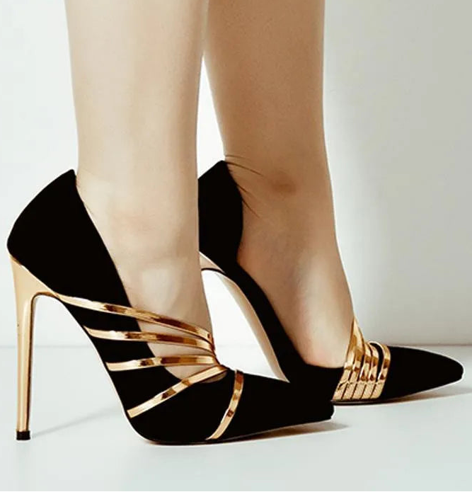 Pointed toe stiletto heels with gold straps