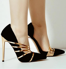 Pointed toe stiletto heels with gold straps