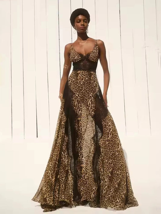 Leopard print lace maxi dress with V-neckline and spaghetti straps displayed on a model.